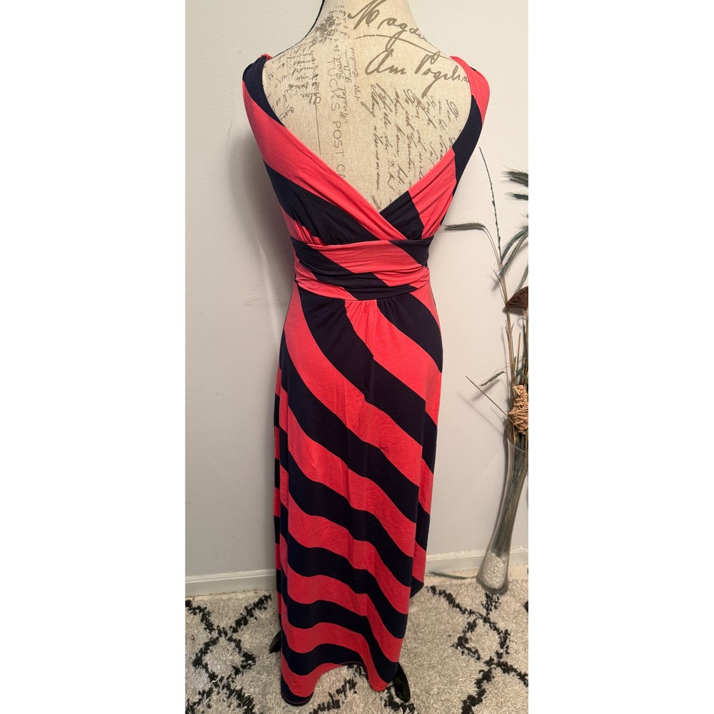 Lilly Pulitzer Womens XS Navy Coral Striped V-Neck Sleeveless Maxi Dress
